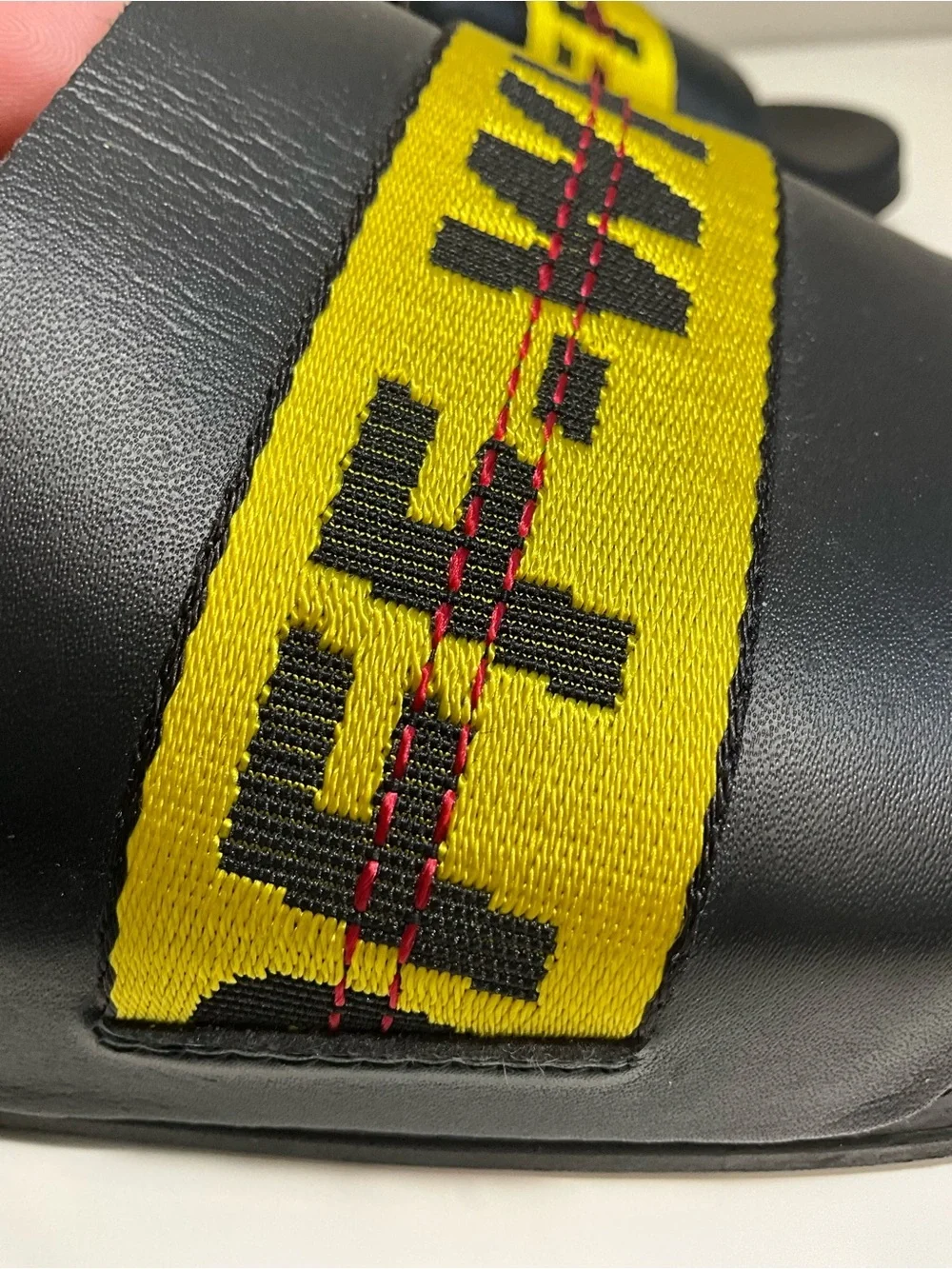 OFF-WHITE Industrial Belt Slides Black Yellow Logo Sandals EU 41 Virgil Abloh